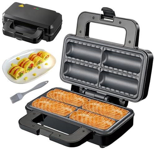 Máquina comercial para hacer rollos de salchichas con platos antiadherentes para una fácil limpieza y uso versátil en la preparación de desayunos y aperitivos