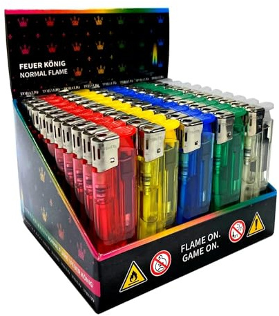 Vessler Elektronik-Feuerzeuge im 50er Display – Bunte Gasfeuerzeuge mit Easy-Click Piezo-Zündung – Nachfüllbar & Verstellbare Flamme – 5 Farben Sortiert – Ideal für Gastronomie, Kiosk & Haushalt