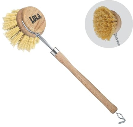 LOLA Dishwashing & Vegetable Brush The Original, 3 Head, Sustainable Wood Handle w/Tampico Fiber Bristles, Safe for Non-Stick Pans, Dishes, Cast Iron Skillet - Easy Head Only Replacement, 1 Pk