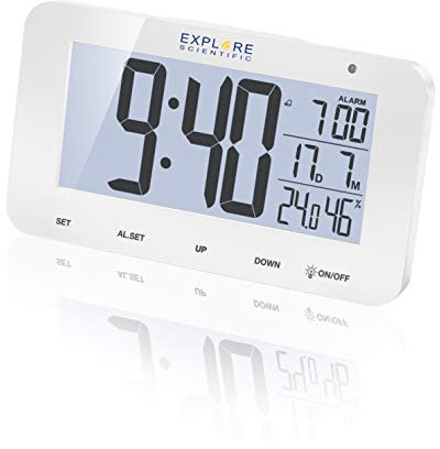 Explore Scientific RDC1004 Orologio radiocontrollato da tavolo con display retroilluminato a LED Bianco, Allarme & Snooze, Bianco, con Batterie