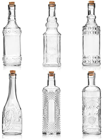 BULK PARADISE Assorted Clear Glass Bottles with Corks, 6 Pack, 2.5in X 9in, 16oz