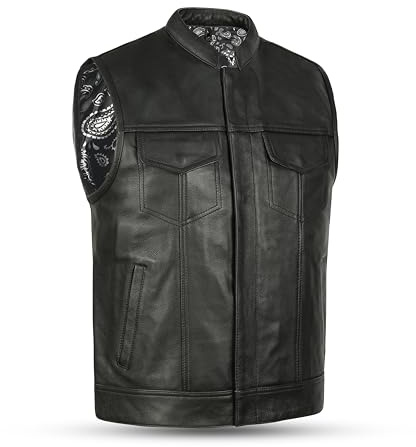 Leatherick Mens Black Motorcycle Vests - SOA Club & Traditional Paisley Satin Liner Leather Biker Vests (US, Alpha, X-Large, Regular, Regular, White Paisley (With Black Stitching))