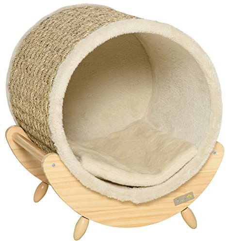 PawHut Katzenhöhle Katzenbett Katzenhaus mit Regal Kratzunterlage Katzenzelt Haustierhaus Khaki+Natur+Beige 41 x 38 x 43 cm