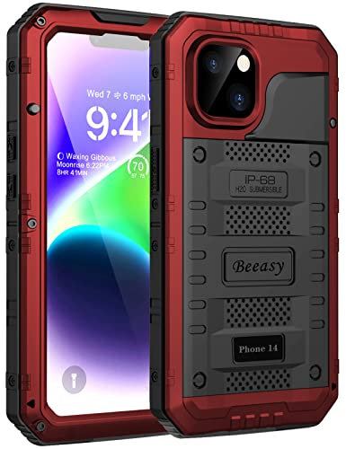 Beeasy für iPhone 14 Wasserdicht Outdoor Hülle (6,1), Stoßfest Panzerhülle Militär 360 Grad Schutzhülle mit Displayschutz, Robust Metall Heavy Duty Handyhülle iPhone 14 Case, Rot