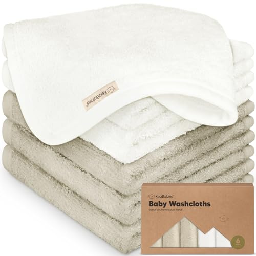 KeaBabies Pack of 6 Baby Washcloths - Soft Bamboo Wash Cloths for Babies, Children, Ultra Absorbent Newborn Bath Towels, 25 x 25 cm, Gentle for Sensitive Skin (White/Stone)