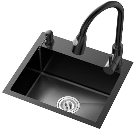 Single Bowl Small Size Dish Washing Basin with Faucet Kitchen Mini Hand Sink Bar Siphon Sink Built-in Single Bowl Sink Above The Counter (Color : Black Steel, Size : 45 * 45 * 22cm)