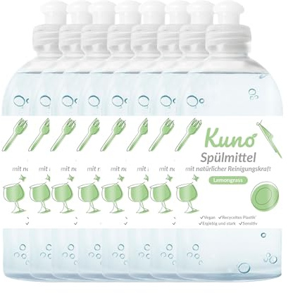 Kuno - Geschirrspülmittel, biologisch abbaubar, vegan, Lemongrass, hautpflegend durch Urea, entfettet, flüssig, ergiebig und stark (500 ml, 8er Pack)