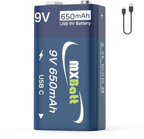 MXBatt Pila 9V Recargable Litio Gran Capacidad de 650mah,USB C Pila 9V 800 Ciclos para Detectores de Humo, Linternas, Guitarras, Juguetes Electrónicos, Walkie Talkies, con Type C Cable
