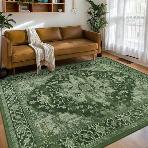 Homcomodar Modern vardagsrumsmatta 160 x 230 cm, inomhus entrématta, tvättbar halkfri matta, stor vintage matta för kök, sovrum, kontor, grön