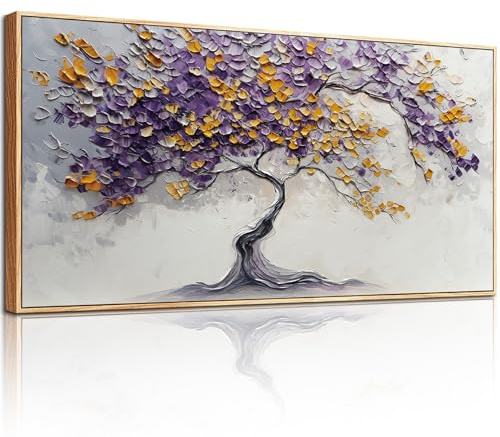 MHARTK66 Quadri Moderni Soggiorno Con Cornice Legno, Quadro Camera da Letto Su Tela Grandi, 60x120 cm XXL Stampe da Parete Albero Viola, Decorazioni Parete Bagno Ufficio Sala Da Pranzo