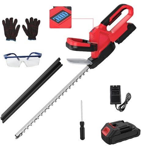 Cortasetos Bateria 21V, Cortasetos Electrico con 1 Batería de 3,0 Ah, 600W Motor sin Escobillas, 55cm Longitud de Corte, 15mm Espacio Entre Dientes, Pantalla LCD, Hoja de Doble Acción