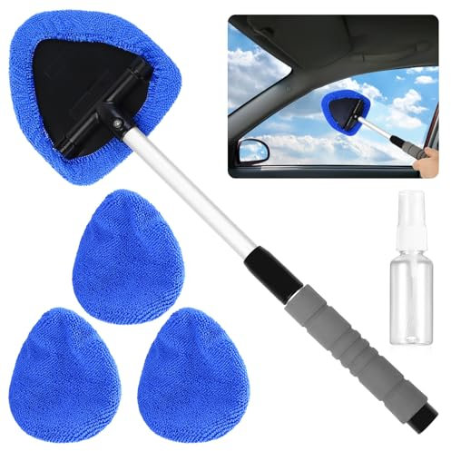 5 PcsCar Windscreen Cleaner Tool, Car Window Cleaner Tool, Auto Windshield Cleaning Tools, Extendable & Telescopic Handle Car Windshield Cleaning Brush for Inside Glass Wiper, Inclu 3 Pad, 1 Bottle