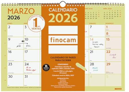 Finocam - Calendrier mural 2026 mois vue janvier - décembre 2026 + septembre 2025 (4 mois) réduits | Calendrier 2026 | Planning mensuel Grafik - Espagnol