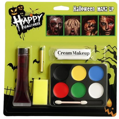 Halloween Face Paint with Fake Blood, Halloween Makeup Kit with 6 Vibrant Colors & White Cream, Makeup Set for Vampire Zombie Skeleton Cosplay Costume Party