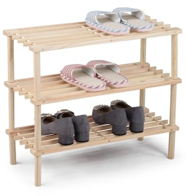 BM Scarpiera in Legno a 3 Ripiani – Portascarpe Salvaspazio, Scaffale Scarpe per Ingresso, Camera da Letto e Corridoio – Design Naturale e Robusto (Legno, 3 Ripiani)