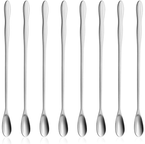 8 Pieces Stainless Steel Coffee Stirring Spoons, 7.8 In Long Bar Spoon, Reusable Cocktail Spoon, Long Handle Bar Cocktail Salt Spoons, Coffee Stirrers Individually Wrapped (Silver)