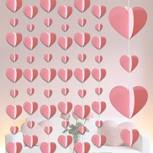 JIEFULL 6 Pack Valentines 3D Heart Garland Banner Streamer Hanging Decor Love Shaped String for Valentine's Day Decoration Wedding Engagement Anniversary Party Supplies(2-Layer, 9 Hearts Pink)