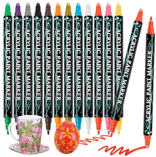kelav Acrylstifte Wasserfest, 12 Farben Doppelspitzige Acrylmarker Acrylstifte Set Porzellanstifte Spülmaschinenfest Stifte, Acrylfarben für Teller Tassen Rock Painting Leinwand DIY Crafts