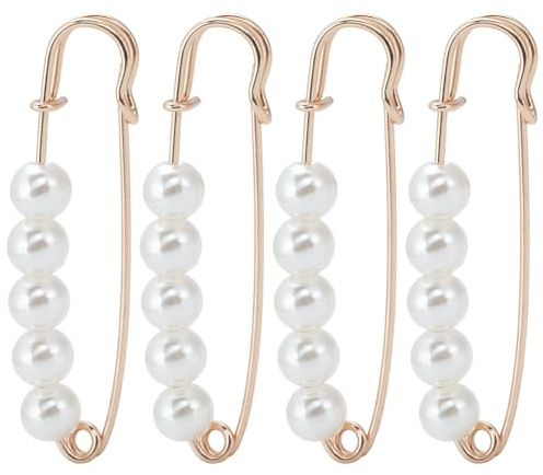 SUNNYCLUE 1 Box 4Pcs Pearl Brooch Safety Pins Pearl Beaded Safety Pins Bulk Plastic Fashion Gold Iron Imitation Faux Badge Brooch for Women Adult Dress Skirt Sweater Clothes Accessories Decoration