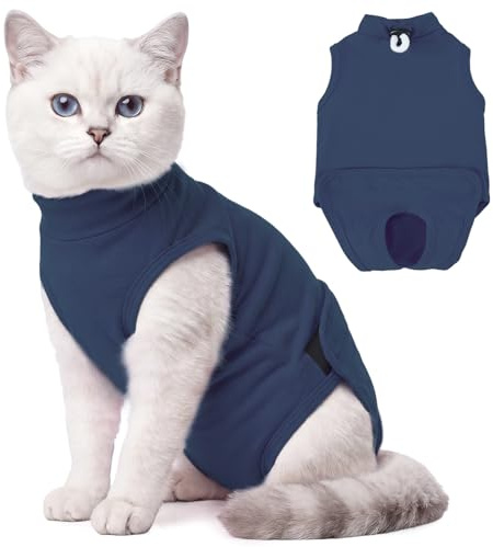 Hjyokuso Cat Recovery Suit for Surgery, Soft Stretchy Cat Onesie, Kitten Surgical Recovery Suit with Snap Opening, Breathable Cat Body Suit After Spay, Comfortable E Collar Alternative Blue M