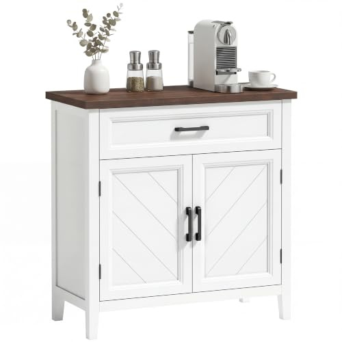 HOMCOM Credenza Cucina con 2 Ante Ripiano Regolabile 76x35x80 cm Bianco | Mobile Cucina, Cassetto, Piano Effetto Legno, Stile Rustico, Credenza Buffet per Soggiorno Salotto Sala da Pranzo
