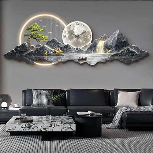 Orologio artistico da parete a LED 3D, decorazione con paesaggio montano illuminato con albero e luna finte, in cristallo acrilico, arte in porcellana per soggiorno