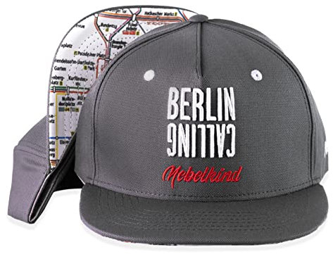 Nebelkind Snapback-Cap-Herren Damen Berlin Calling Netzplan grau, Einheitsgröße OneSize, Größenverstellbar, Unisex, hochwertige Basecap trendig, Streetwear Style, Baseball-Kappe mit geradem Schirm
