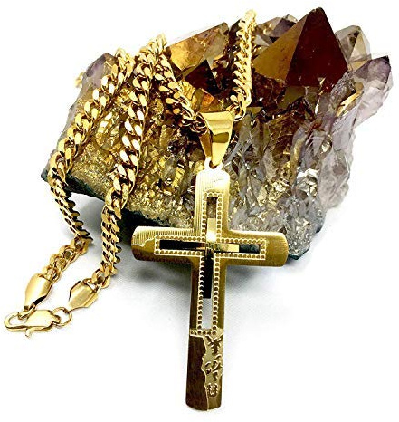 Lifetime Bling Collar con colgante de cruz de oro de 18 quilates para hombre, cierre sólido Miami, eslabones cubanos religiosos, borde biselado religioso, Oro