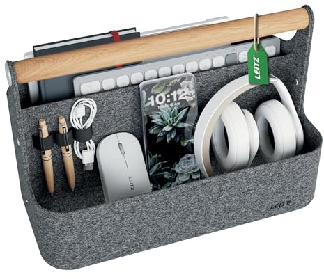 Leitz Bärbar Skrivbordsorganisatör Med Handtag - Portabel Kontorsorganisatör Med Trähandtag, Perfekt för Coworking och Flexkontor - 38 x 19 x 25,5 cm