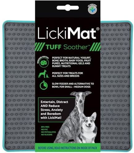 LickiMat Tuff Soother, hundmatningsmatta för tristess och ångestlindring, perfekt för mat, godis, yoghurt eller jordnötssmör, hundslickmattor, roligt alternativ till en långsam matare hundskål, turkos