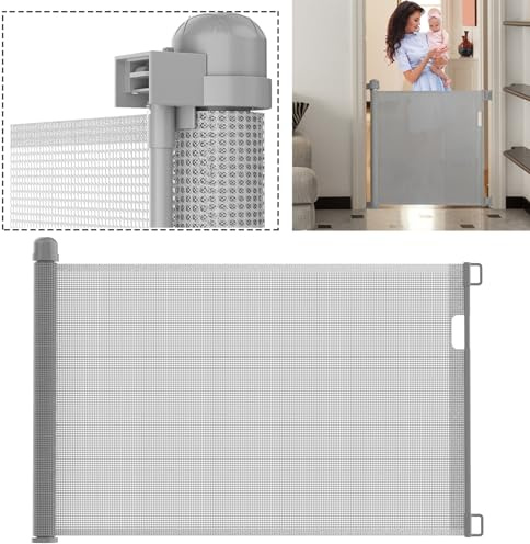 YUENFONG Trappskyddsgaller dörrskyddsgaller, 87 x 180 cm, trappskyddsrullgardin dörrgaller, avstängningsgaller, utdragbar infällbar dörr för baby och husdjur (0–180 cm, grå)