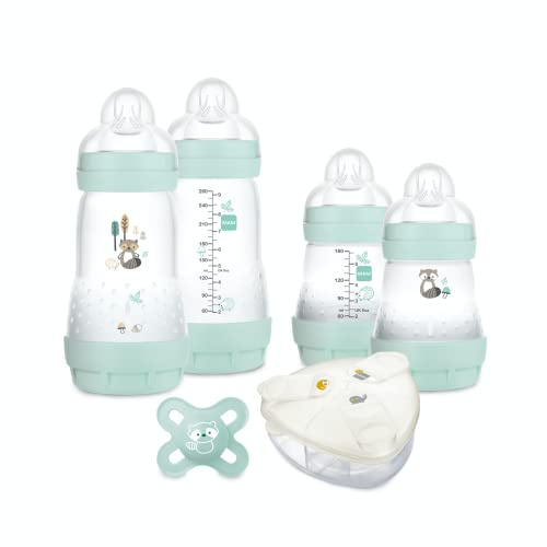 MAM Mon Coffret Naissance Nature, 4 biberons à tétine Easy Start Anti-Colique+1 sucette naissance+1 boite doseuse lait, kit bébé, ultra douce, couleur aqua