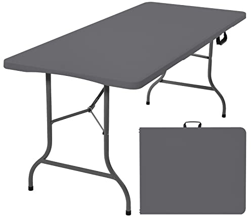 Rainberg 6ft Heavy Duty Folding Table, Tabletop & Sturdy Metal Frame, Foldable Table with Handle, Waterproof, Portable, & Easy Assembly, Ideal for Parties, BBQ, Camping, Beach, Indoor & Outdoor Use