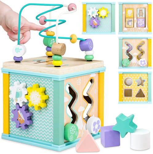 Airlab Motorikwürfel Aktivitätswürfel aus Holz, Motorikspielzeug Holzspielzeug ab 1 Jahr, Montessori Activity Center Lernspielzeug Geschenk für Kleinkinder Baby