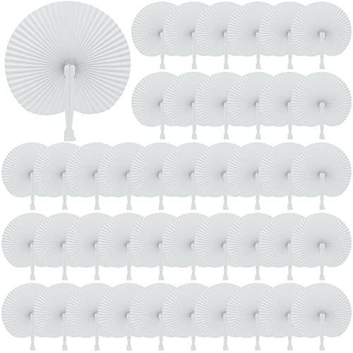 WAIZHIUA 72Pcs Paper Fans Round Folding Fan Wedding Fans Chinese Handheld Fans with Plastic Handles for DIY Summer Wedding Birthday Party Favour Bag Fillers (White)