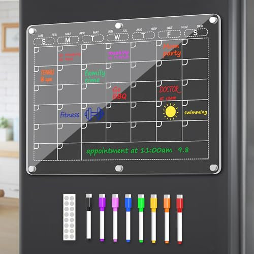 Tmtamye Calendario magnético acrílico 2025 para refrigerador, planificador mensual transparente y calendario de borrado en seco para refrigerador con 8 colores de marcadores, 14.2 x 10.2 pulgadas