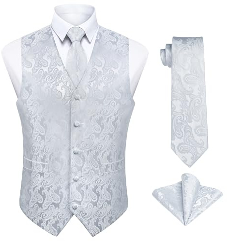 Enlision Waistcoat for Men White Paisley Floral Jacquard Waistcoat with Necktie and Pocket Square Set Men's Vest for Party Business, L