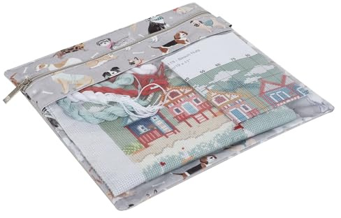Hobby Gift Bolsa Plana para Punto de Cruz, Estuche Proyecto para Bordado y Manualidades, Almacenaje Impermeable para Accesorios de Crochet y Tejer, 28 x 0,5 cm, Perros Grises