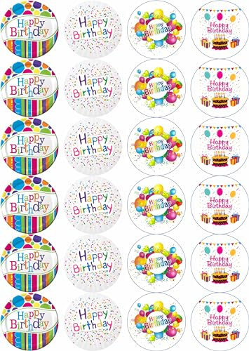 24 x PRECUT Edible Happy Birthday Cupcake Fairy Cake Wafer Decoration Toppers - Available in a range of Designs (Mix)