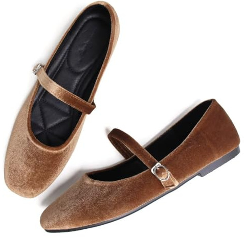 TN TANGNEST Women's Mary Jane Flats Classic Retro Velvet Ballet Flats Comfortable Square Toe Slip On Flats Soft Buckle Strap Flats Brown 43(10)