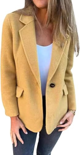 Chaqueta Blazer de Color sólido Suave y cálida para Mujer Chaqueta Informal de Oficina de Negocios Corta con Solapa abatible y Botones con Bolsillos para otoño e Invierno (Amarillo,XL)