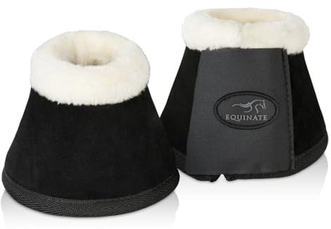 Equinate Hufglocken Sunville mit Wildleder überzogen und synthetischem Lammfell XL Schwarz - Robuste und stoßdämpfende Springglocken - Hufschutz für Training und Turniere - 2er Set