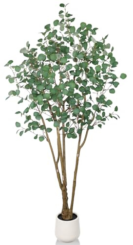 Artificial Eucalyptus Trees with White Planter, 7 FT Faux Eucalyptus Plants Indoor Tall Fake Floor Trees with Silk Leaves and Thick Trunk for Living Room Bedroom Corner Home Office Decoration