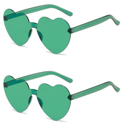 QLEUIFT Lot de 2 lunettes de soleil surdimensionnées en forme de cœur multicolores sans monture pour femme, Accessoires photo, accessoires de fête à la plage, Vert foncé