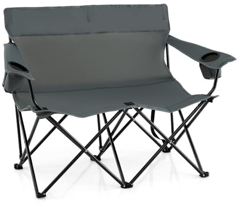 FANTASK Campingstol för 2 personer, fällstol med mugghållare, armstöd och bärväska, 300 kg lastkapacitet, vikbar campingsoffa (grå)
