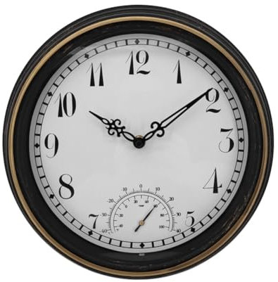 Pesfehhy Orologio da Parete Impermeabile per Esterni con Termometro IP44 Orologio da Giardino Rotondo Vintage Orologio da Esterno da 12 Pollici