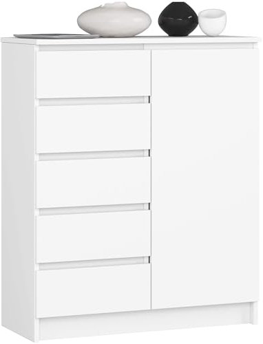 AKORD Kommode K80 mit 5 Schubladen, Schrank mit 1 Tür 3 Regalböden, Für das Wohnzimmer Schlafzimmer, Moderne, 16mm Laminierte Platte, B80xH97xT35 cm, Farbe Weiß & Weiß
