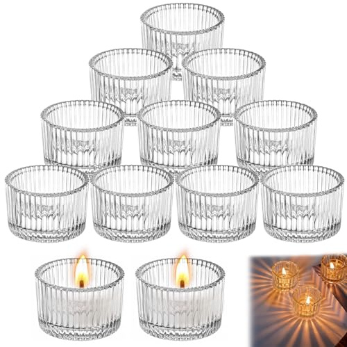 Portavelas Cristal, MOLENCO 12 Piezas Mini Portavela de Cristal Transparente, Portavelas de Té de Cristal, 5,3 x 3,5 cm Portavelas de Té Acanalado para Bodas, Hogar, Fiestas, Mesa Decoración