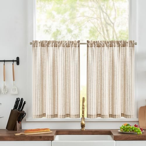 TOPICK Kitchen Curtains, Taupe Striped Linen Look Cafe Curtains W36 xL24 | 2 Panels Rod Pocket Small Curtains, Light Filtering Privacy Curtains for Living Room, Bathroom, Bedroom, Cupboard Base, Sink