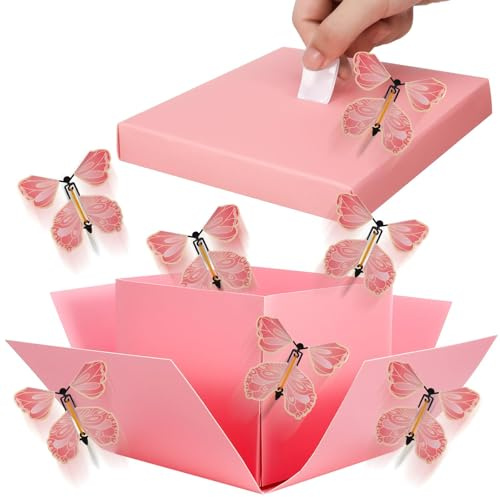 deegbbyi Scatola Regalo con Esplosione di Farfalle, 15 x 14.8 x 12.8cm Scatola Sorpresa Compleanno, Scatole Regalo per Esplosioni, Contiene 4 Farfalle, per San Valentino, Compleanni (Rosa Puro)